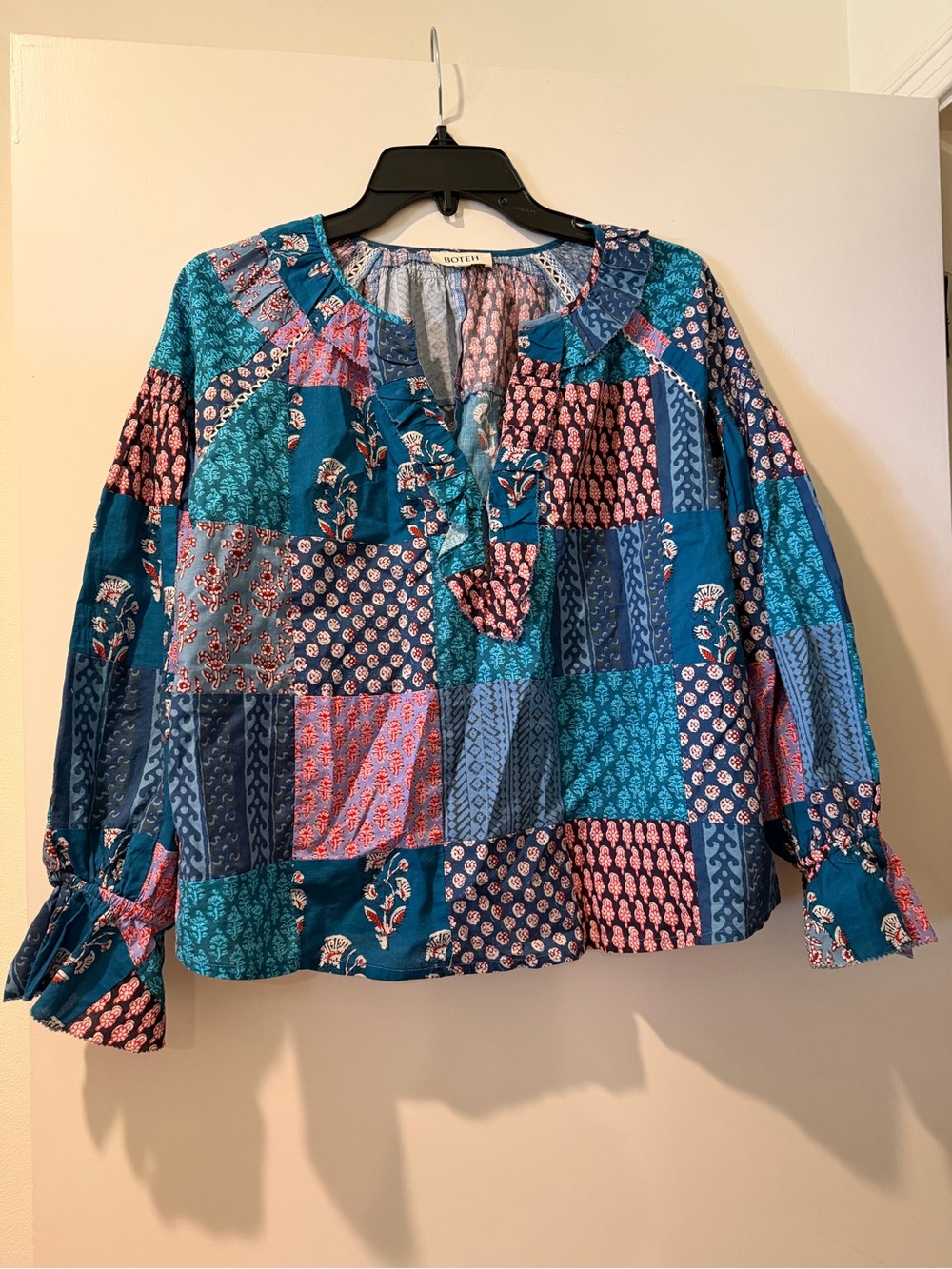 Boteh Patchwork Print Peasant Top - Blue Teal